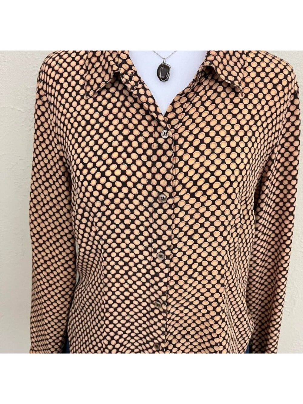 90s brown polka dot silk quirky boho whimsical button up shirt - Picture 3 of 8